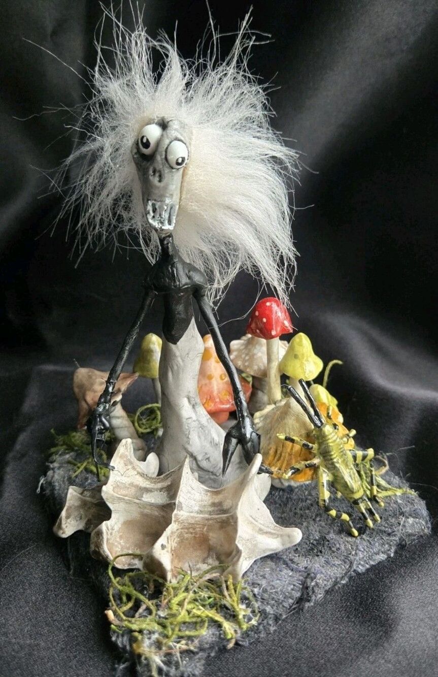 My OOAK Creepy Oddity Art Clay Little Forest Evil Pixie Creature w/ Mushrooms